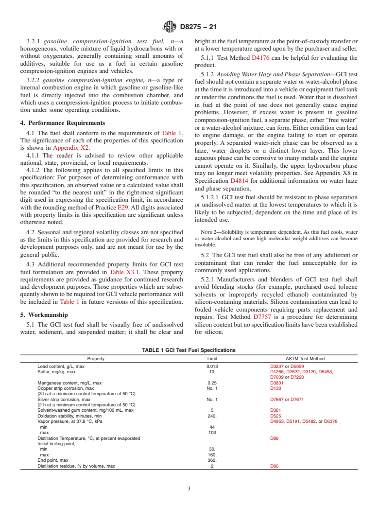 ASTM D8275-21 - Standard Specification for Gasoline-like Test Fuel for Compression-Ignition Engines