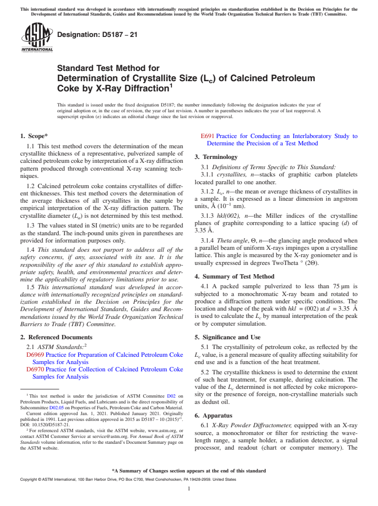ASTM D5187-21 - Standard Test Method for  Determination of Crystallite Size (L<inf>c</inf>) of Calcined  Petroleum Coke by X-Ray Diffraction