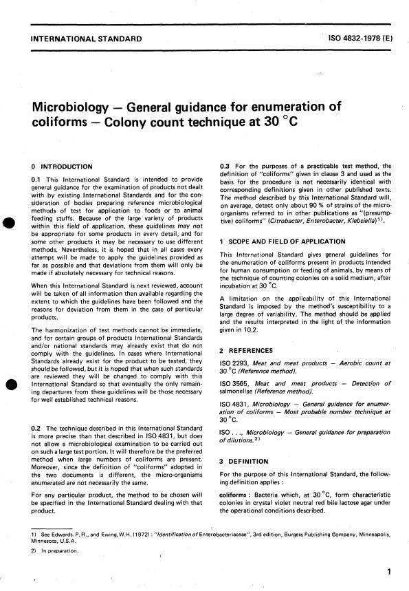ISO 4832:1978 - Microbiology -- General guidance for enumeration of coliforms -- Colony count technique at 30 degrees C