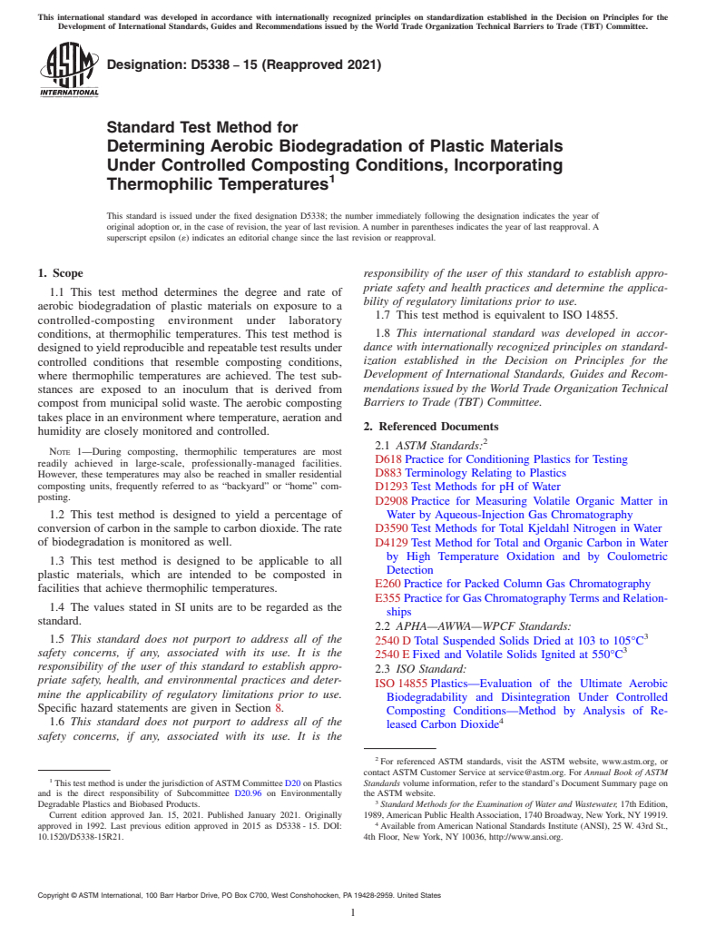 ASTM D5338-15(2021) - Standard Test Method for Determining Aerobic Biodegradation of Plastic Materials Under  Controlled Composting Conditions, Incorporating Thermophilic Temperatures