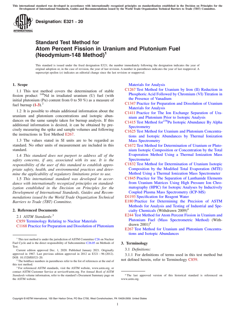 ASTM E321-20 - Standard Test Method for  Atom Percent Fission in Uranium and Plutonium Fuel (Neodymium-148  Method)