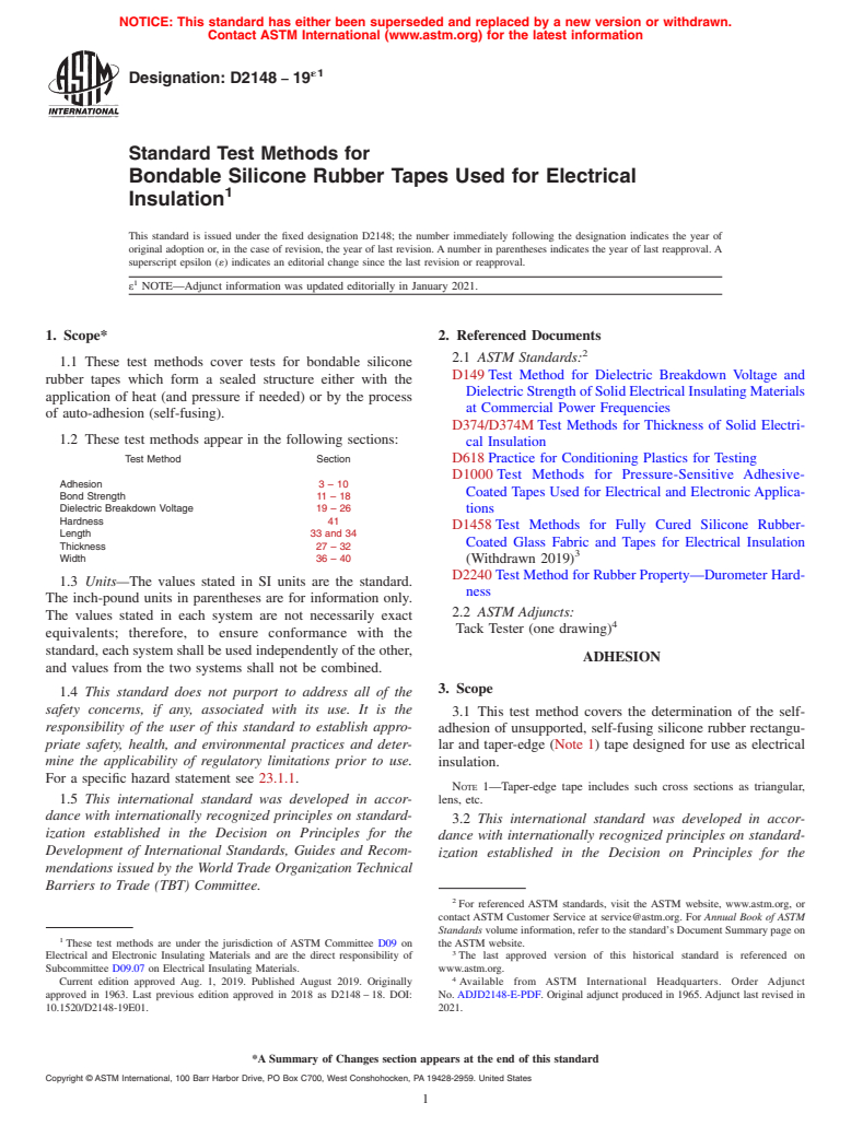 ASTM D2148-19e1 - Standard Test Methods for  Bondable Silicone Rubber Tapes Used for Electrical Insulation