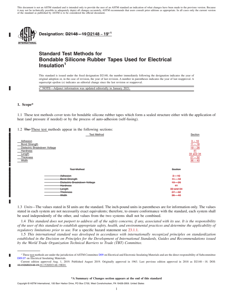 REDLINE ASTM D2148-19e1 - Standard Test Methods for  Bondable Silicone Rubber Tapes Used for Electrical Insulation