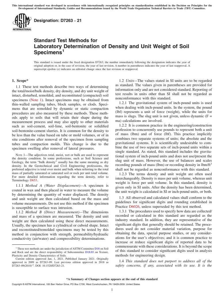 ASTM D7263-21 - Standard Test Methods for Laboratory Determination of Density and Unit Weight of Soil  Specimens