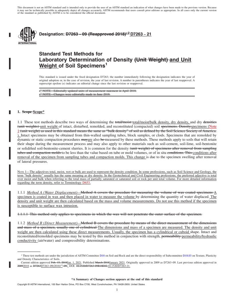 REDLINE ASTM D7263-21 - Standard Test Methods for Laboratory Determination of Density and Unit Weight of Soil  Specimens