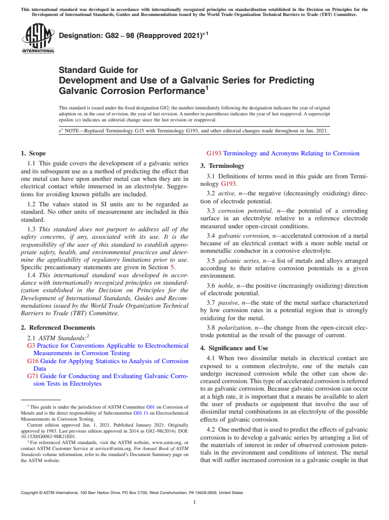 ASTM G82-98(2021)e1 - Standard Guide for Development and Use of a Galvanic Series for Predicting Galvanic  Corrosion Performance