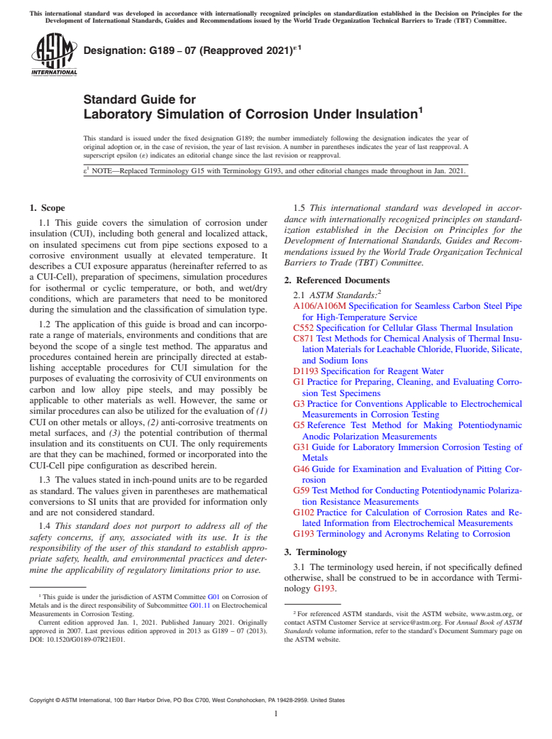 ASTM G189-07(2021)e1 - Standard Guide for Laboratory Simulation of Corrosion Under Insulation