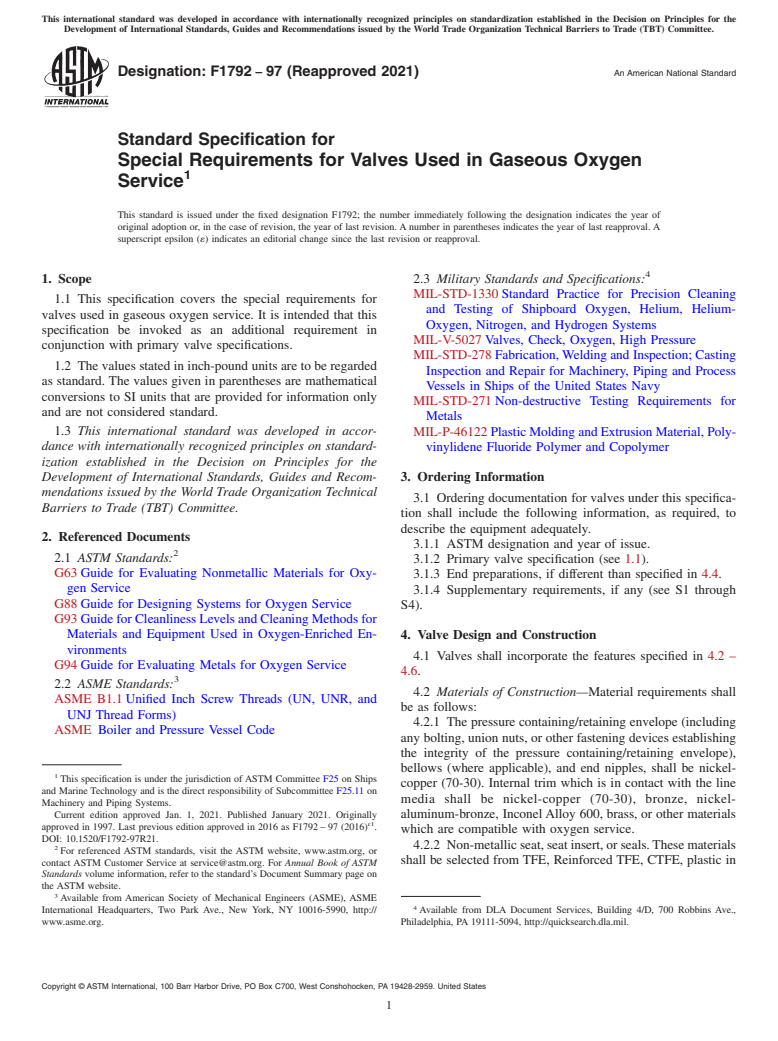 ASTM F1792-97(2021) - Standard Specification for  Special Requirements for Valves Used in Gaseous Oxygen Service