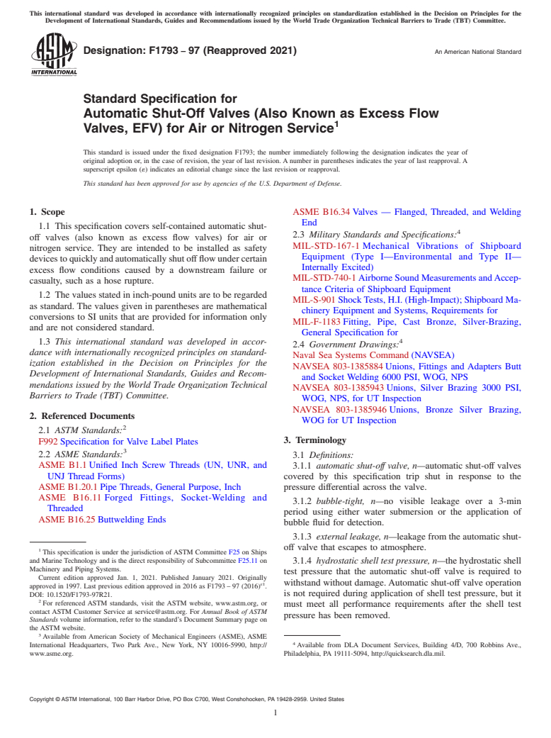 ASTM F1793-97(2021) - Standard Specification for  Automatic Shut-Off Valves (Also Known as Excess Flow Valves,  EFV) for Air or Nitrogen Service