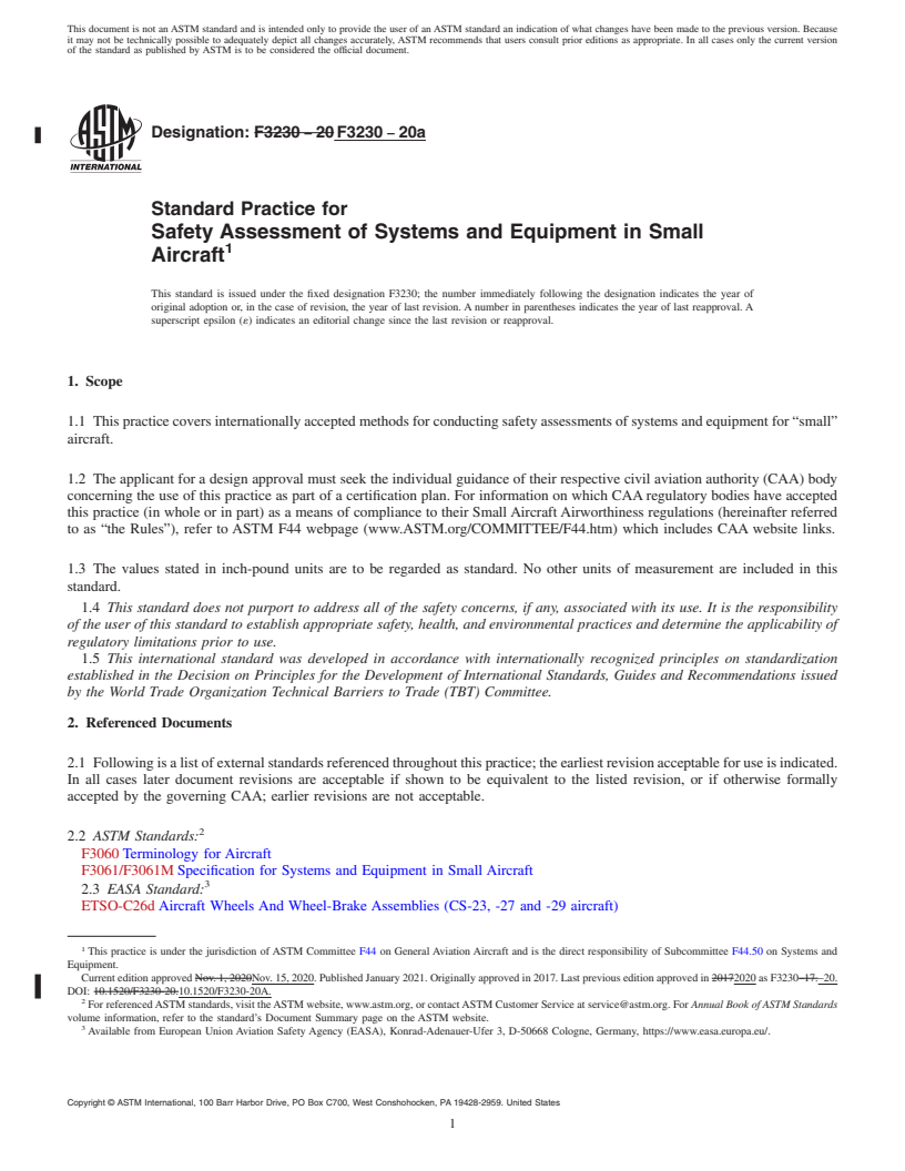 REDLINE ASTM F3230-20a - Standard Practice for Safety Assessment of Systems and Equipment in Small Aircraft
