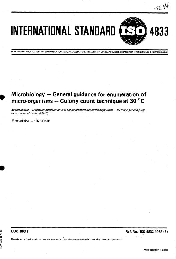 ISO 4833:1978 - Microbiology -- General guidance for enumeration of micro-organisms -- Colony count technique at 30 degrees C