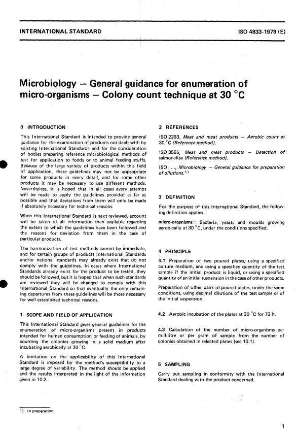 ISO 4833:1978 - Microbiology -- General guidance for enumeration of micro-organisms -- Colony count technique at 30 degrees C