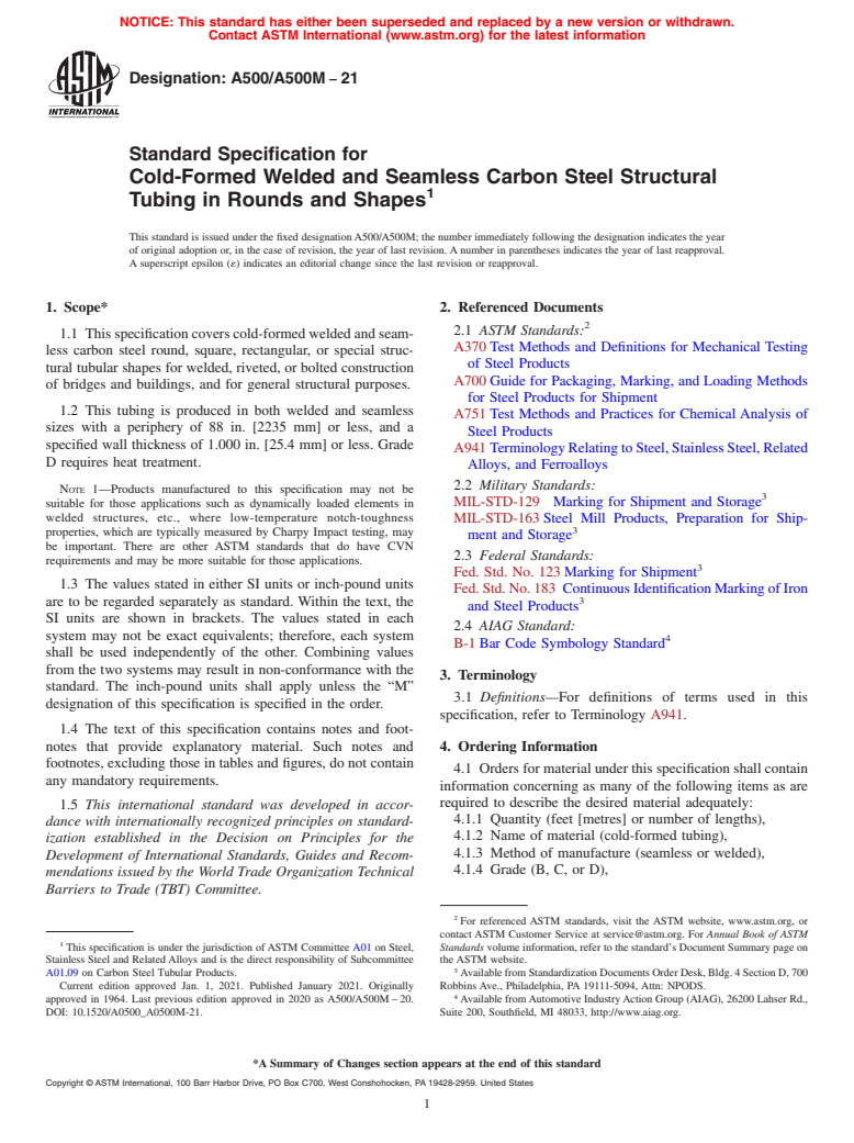 ASTM A500/A500M-21 - Standard Specification for  Cold-Formed Welded and Seamless Carbon Steel Structural Tubing   in Rounds and Shapes