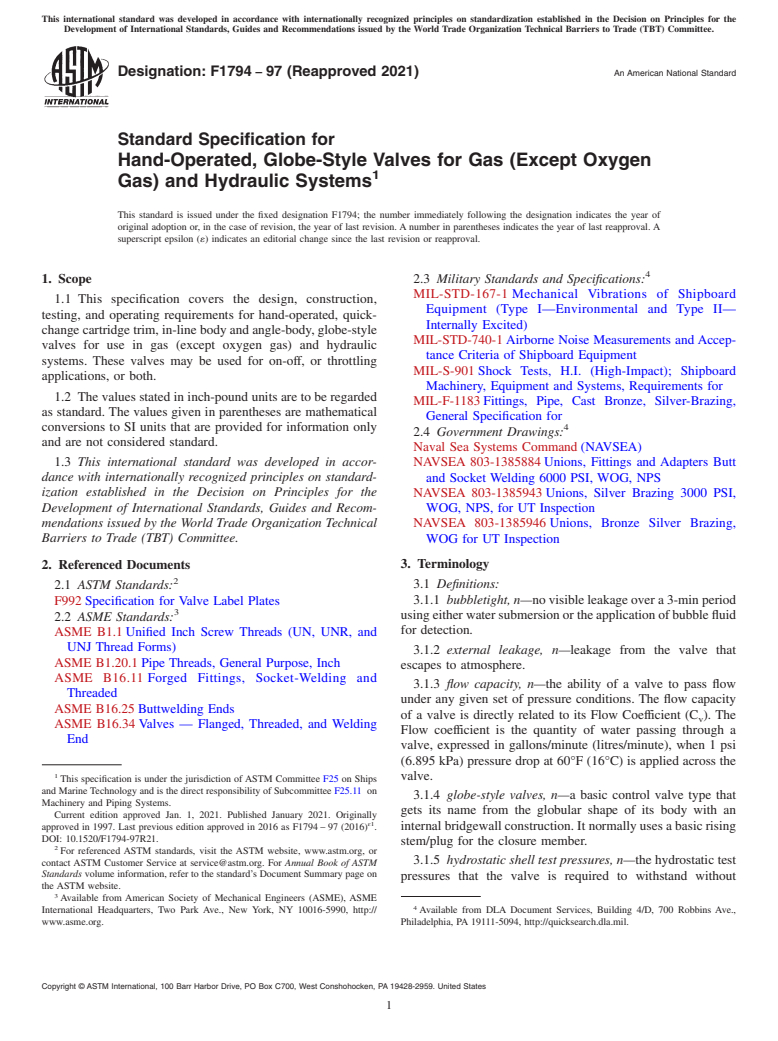 ASTM F1794-97(2021) - Standard Specification for  Hand-Operated, Globe-Style Valves for Gas (Except Oxygen Gas)  and Hydraulic Systems