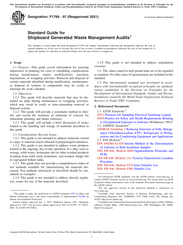 ASTM F1799-97(2021) - Standard Guide for  Shipboard Generated Waste Management Audits