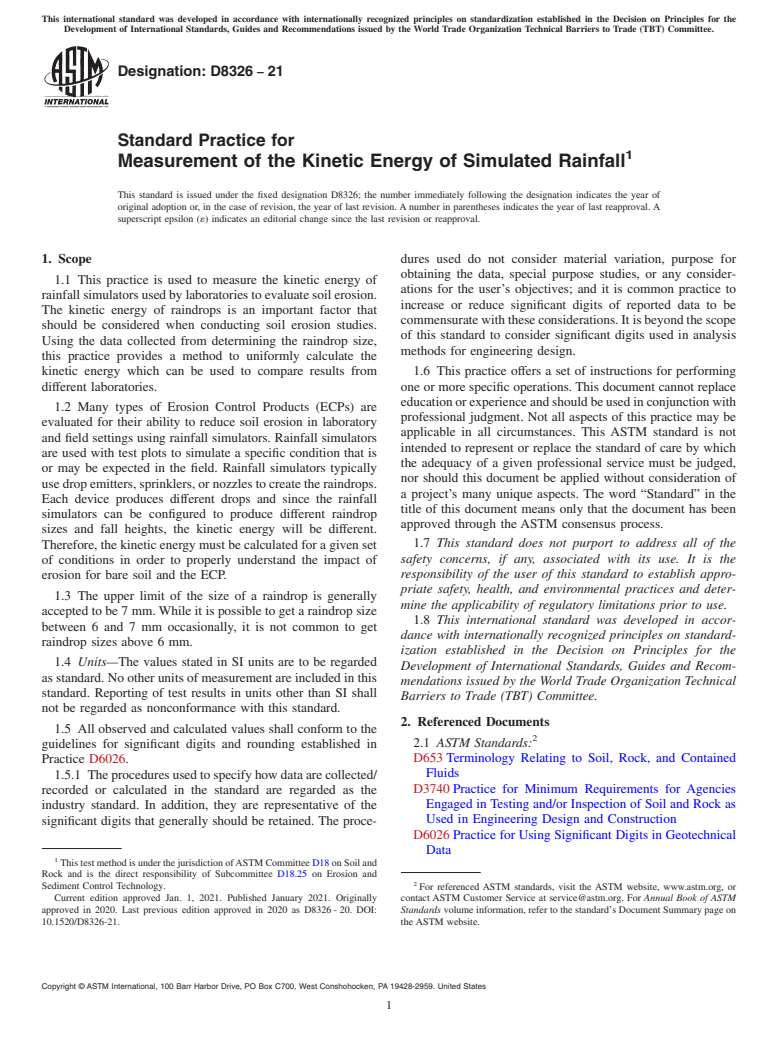 ASTM D8326-21 - Standard Practice for Measurement of the Kinetic Energy of Simulated Rainfall