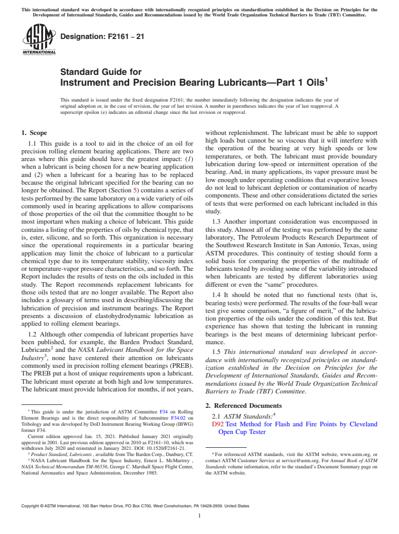ASTM F2161-21 - Standard Guide for  Instrument and Precision Bearing Lubricants—Part 1 Oils