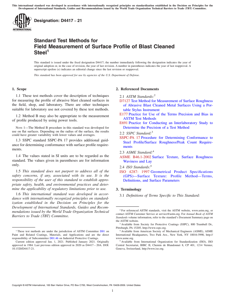 ASTM D4417-21 - Standard Test Methods for Field Measurement of Surface Profile of Blast Cleaned Steel