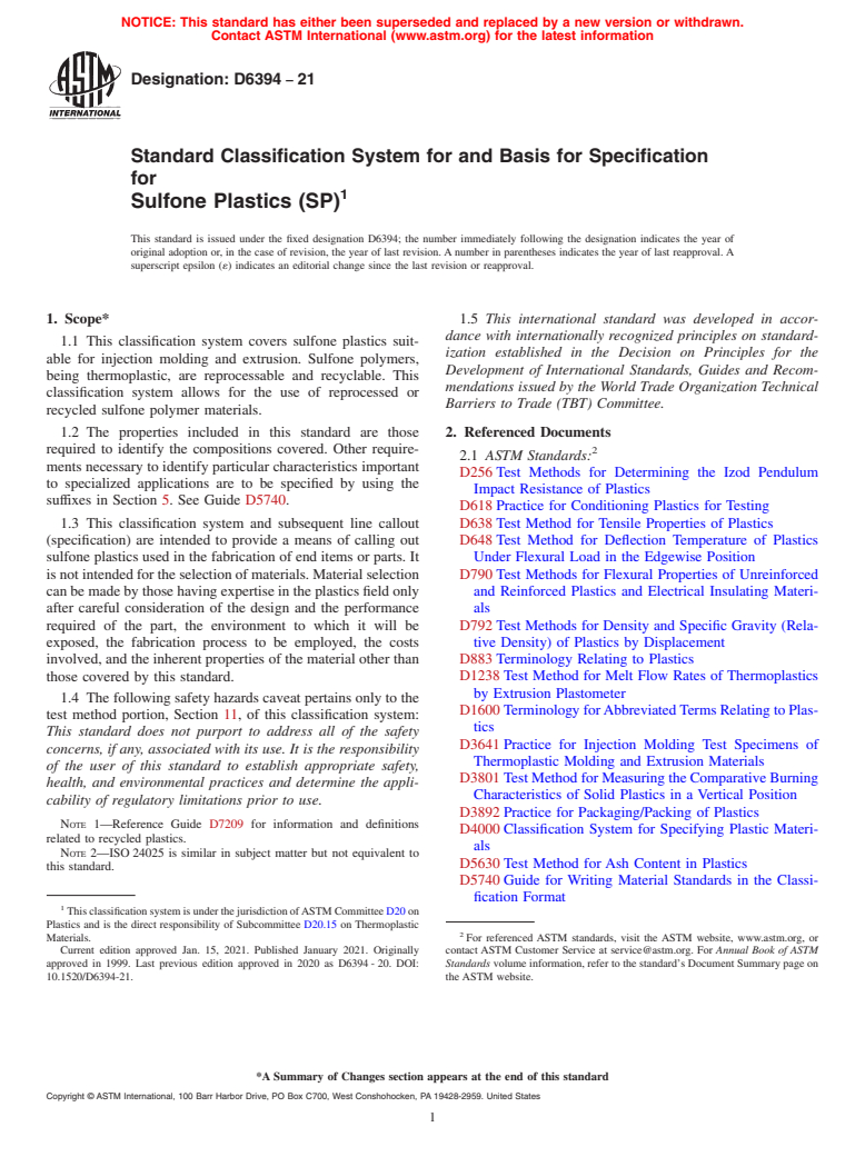 ASTM D6394-21 - Standard Classification System for and Basis for Specification for Sulfone Plastics (SP)