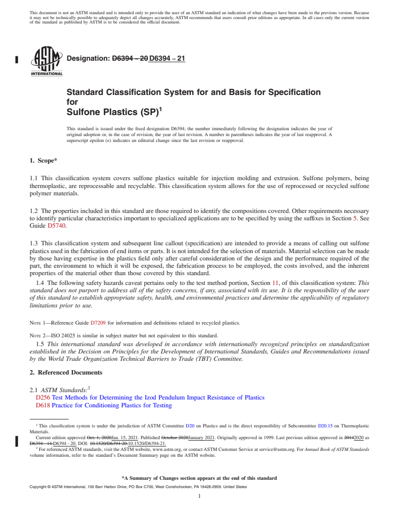 REDLINE ASTM D6394-21 - Standard Classification System for and Basis for Specification for Sulfone Plastics (SP)