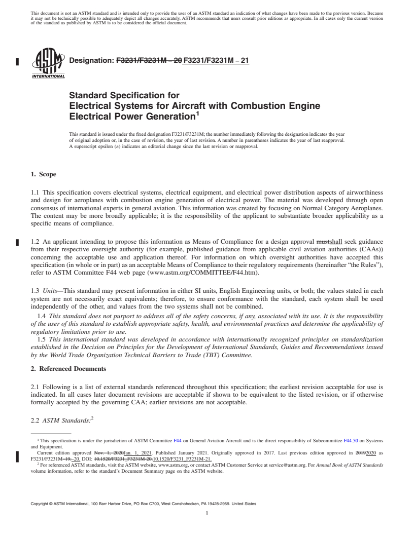 REDLINE ASTM F3231/F3231M-21 - Standard Specification for Electrical Systems for Aircraft with Combustion Engine Electrical  Power Generation