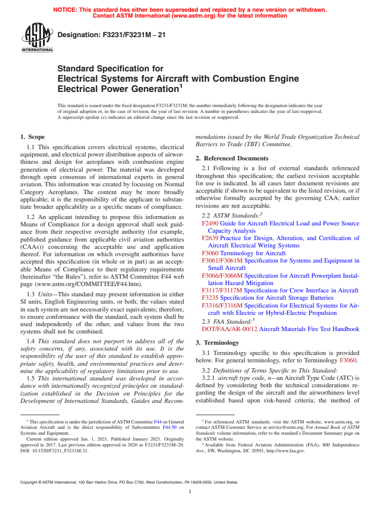 ASTM F3231/F3231M-21 - Standard Specification for Electrical Systems for Aircraft with Combustion Engine Electrical  Power Generation