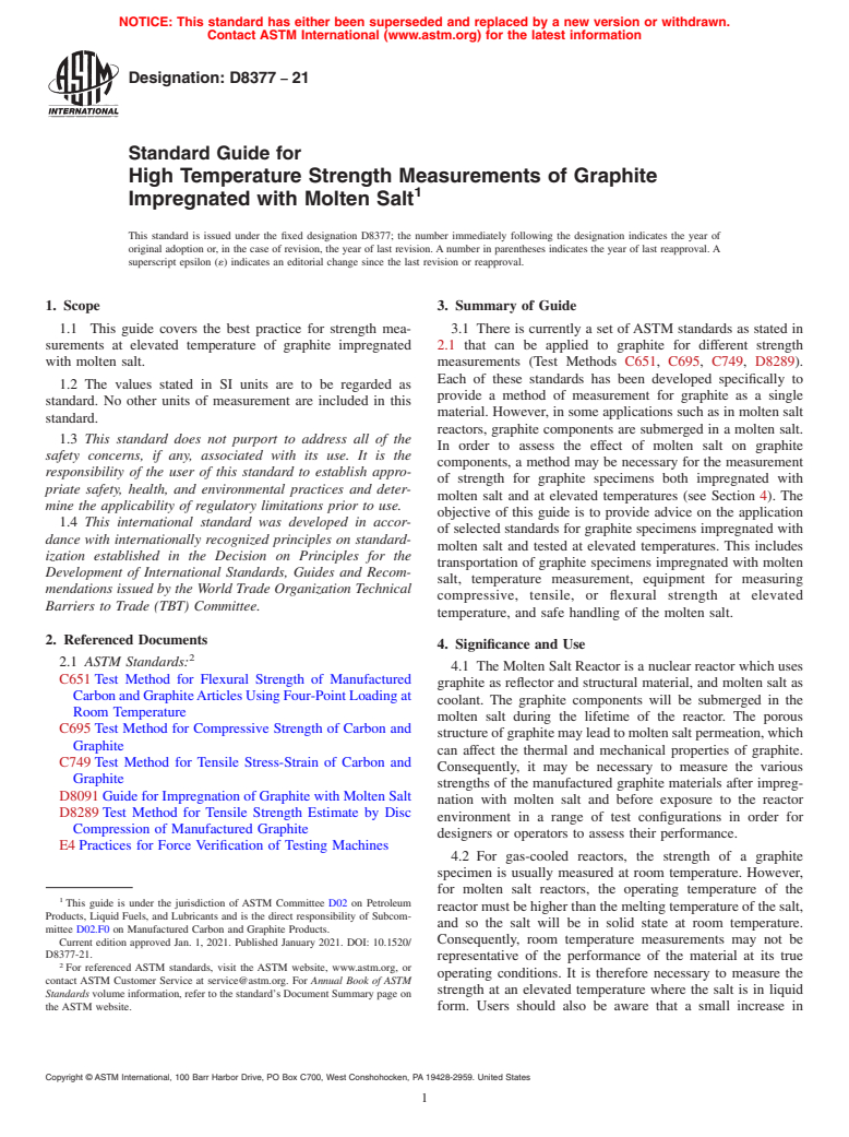 ASTM D8377-21 - Standard Guide for High Temperature Strength Measurements of Graphite Impregnated  with Molten Salt