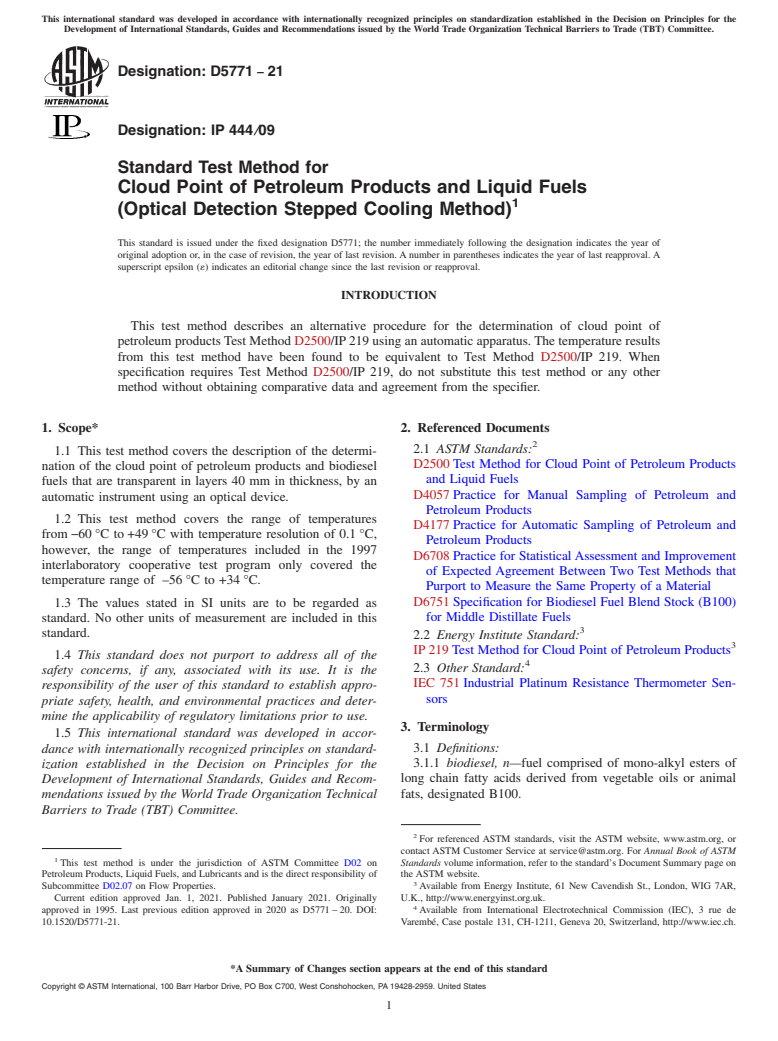 ASTM D5771-21 - Standard Test Method for Cloud Point of Petroleum Products and Liquid Fuels (Optical  Detection Stepped Cooling Method)