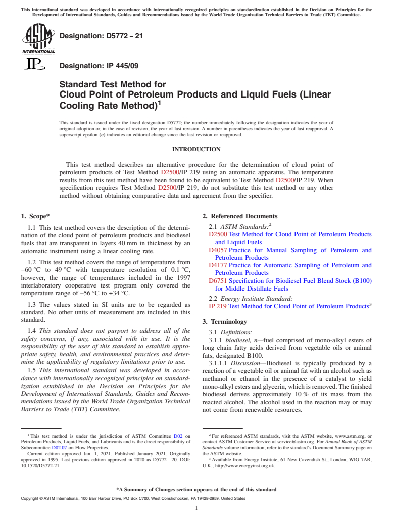ASTM D5772-21 - Standard Test Method for  Cloud Point of Petroleum Products and Liquid Fuels (Linear  Cooling Rate Method)
