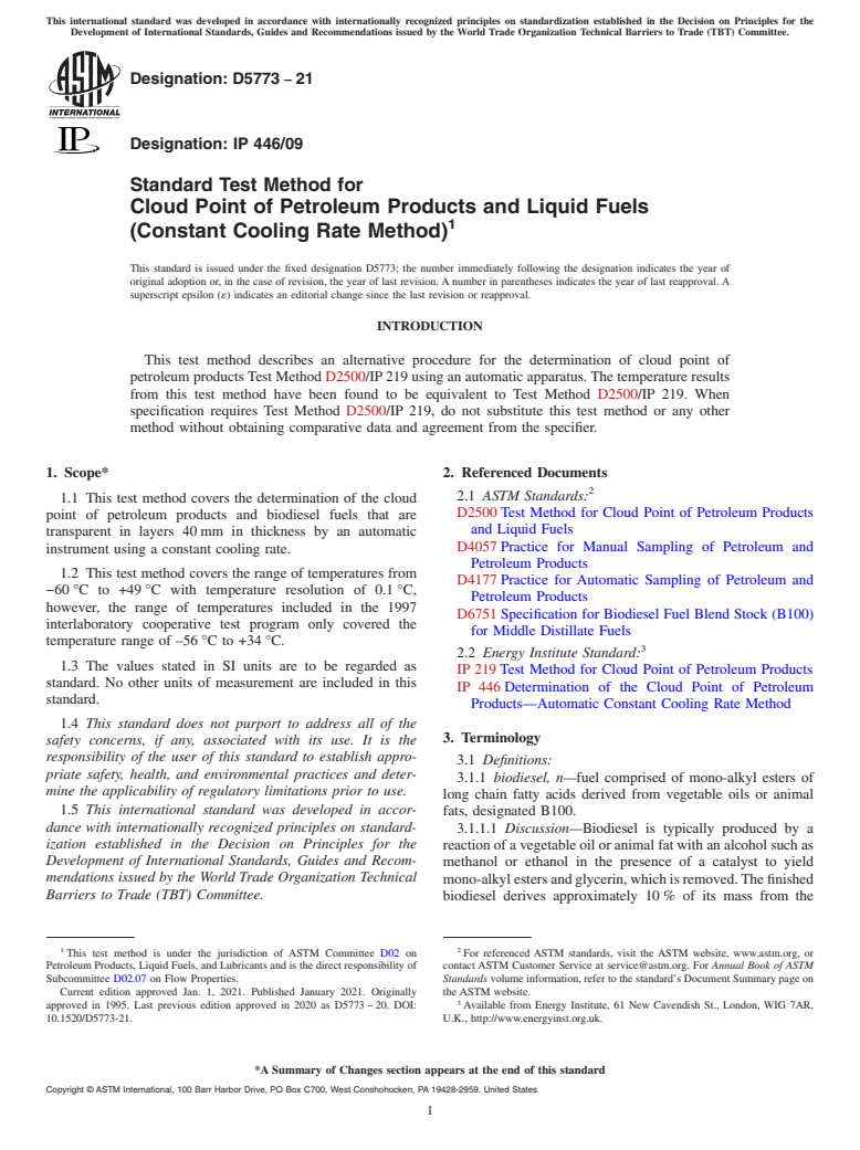 ASTM D5773-21 - Standard Test Method for  Cloud Point of Petroleum Products and Liquid Fuels (Constant  Cooling Rate Method)