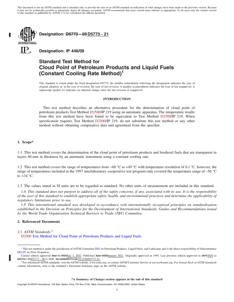 REDLINE ASTM D5773-21 - Standard Test Method for  Cloud Point of Petroleum Products and Liquid Fuels (Constant  Cooling Rate Method)