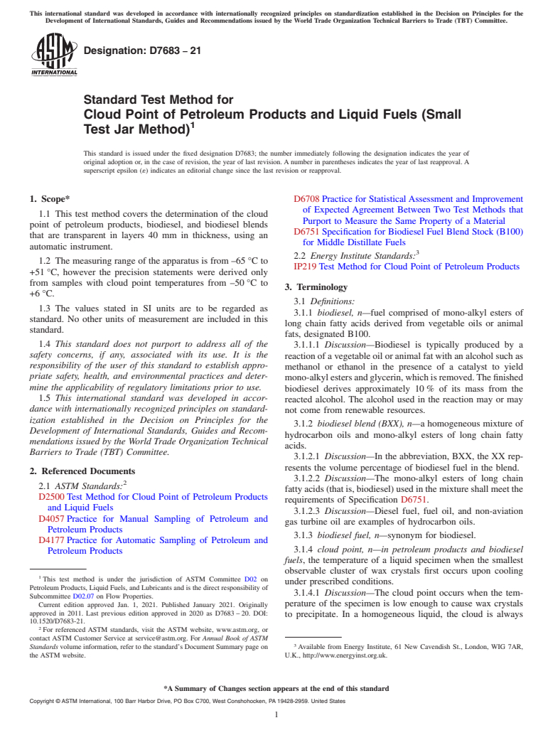ASTM D7683-21 - Standard Test Method for  Cloud Point of Petroleum Products and Liquid Fuels (Small Test  Jar Method)