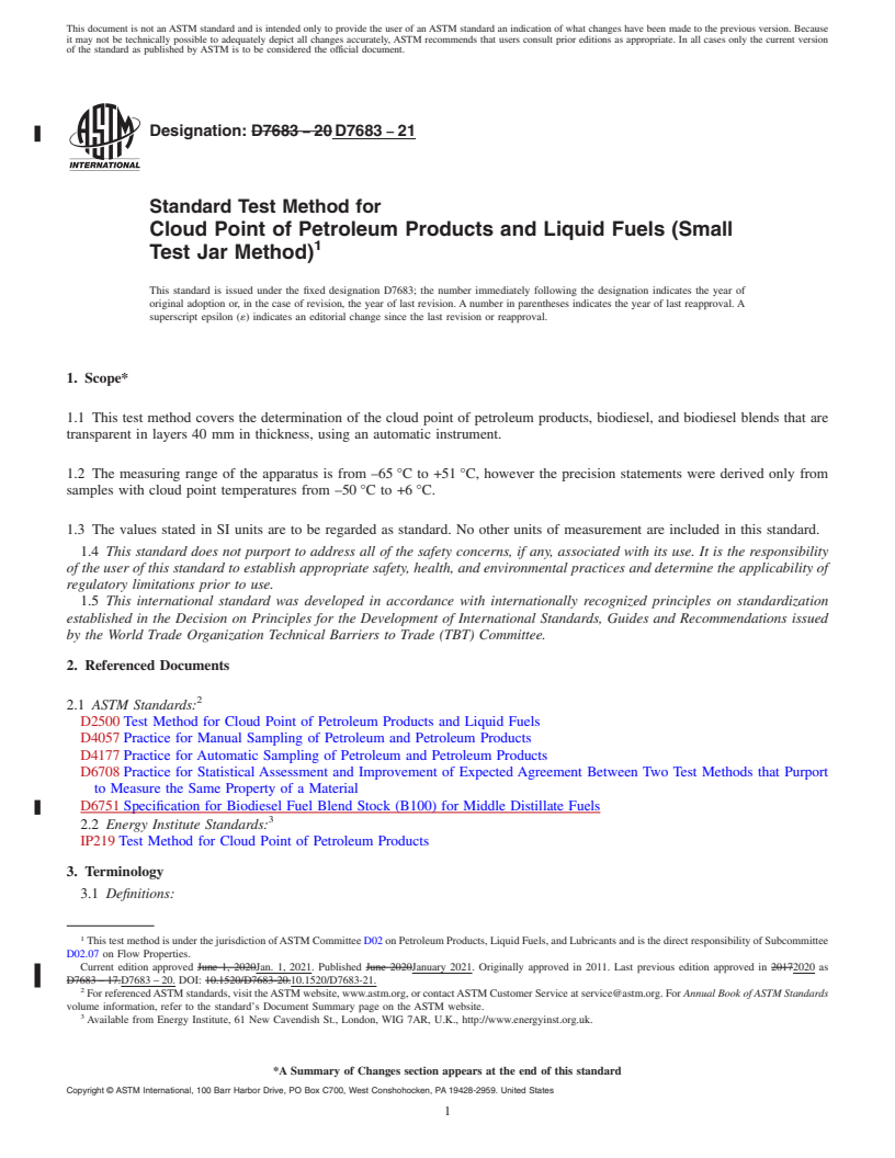 REDLINE ASTM D7683-21 - Standard Test Method for  Cloud Point of Petroleum Products and Liquid Fuels (Small Test  Jar Method)