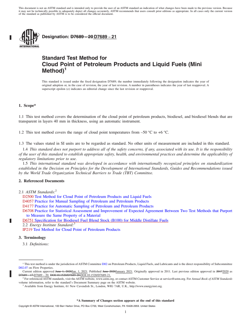 REDLINE ASTM D7689-21 - Standard Test Method for  Cloud Point of Petroleum Products and Liquid Fuels (Mini Method)