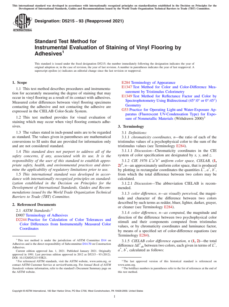 ASTM D5215-93(2021) - Standard Test Method for  Instrumental Evaluation of Staining of Vinyl Flooring by Adhesives