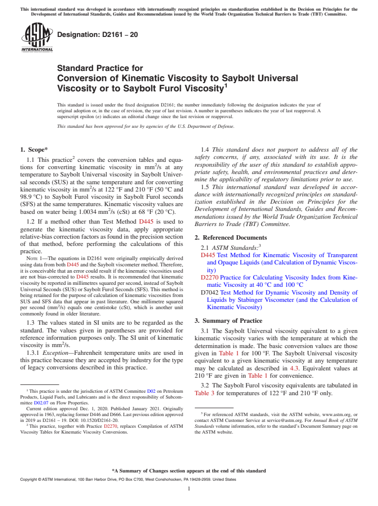 ASTM D2161-20 - Standard Practice for  Conversion of Kinematic Viscosity to Saybolt Universal Viscosity  or to Saybolt Furol Viscosity