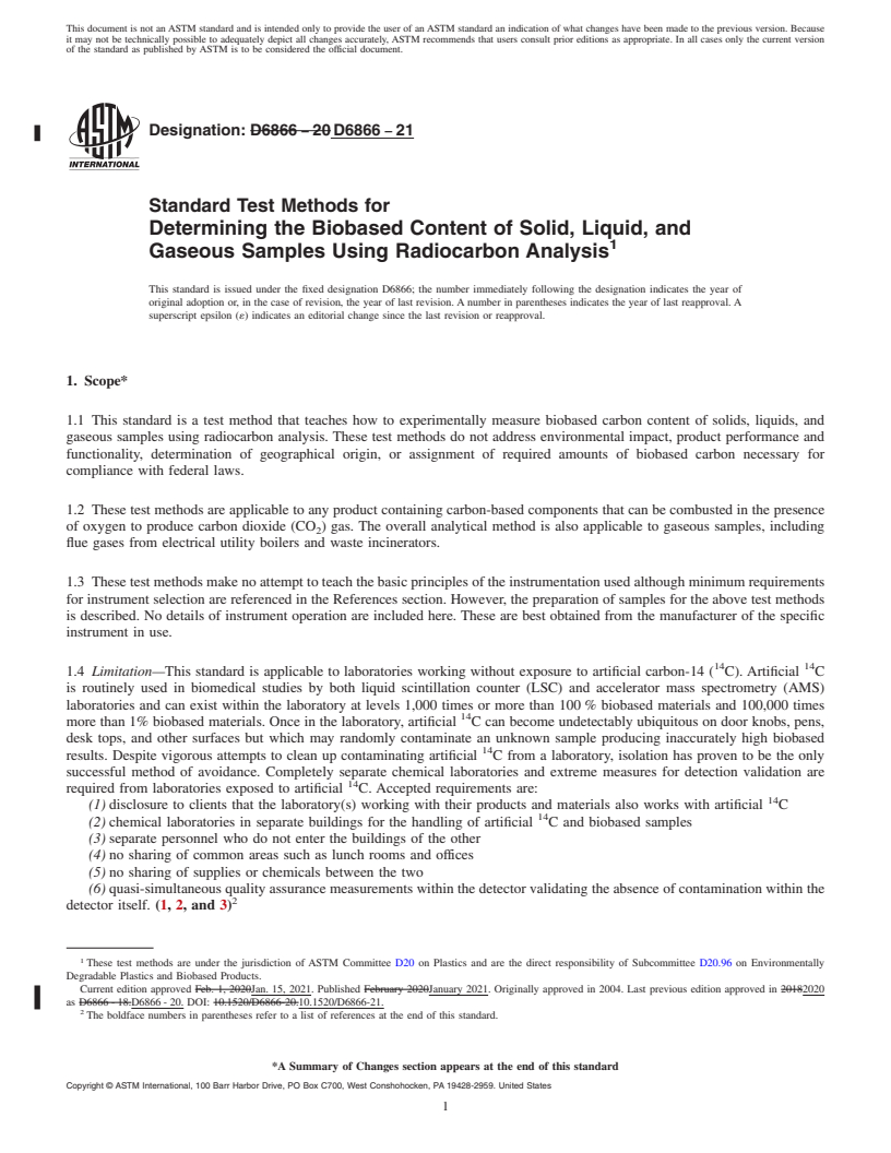 REDLINE ASTM D6866-21 - Standard Test Methods for Determining the Biobased Content of Solid, Liquid, and Gaseous  Samples Using Radiocarbon Analysis