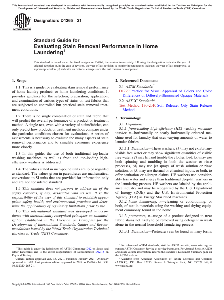 ASTM D4265-21 - Standard Guide for  Evaluating Stain Removal Performance in Home Laundering