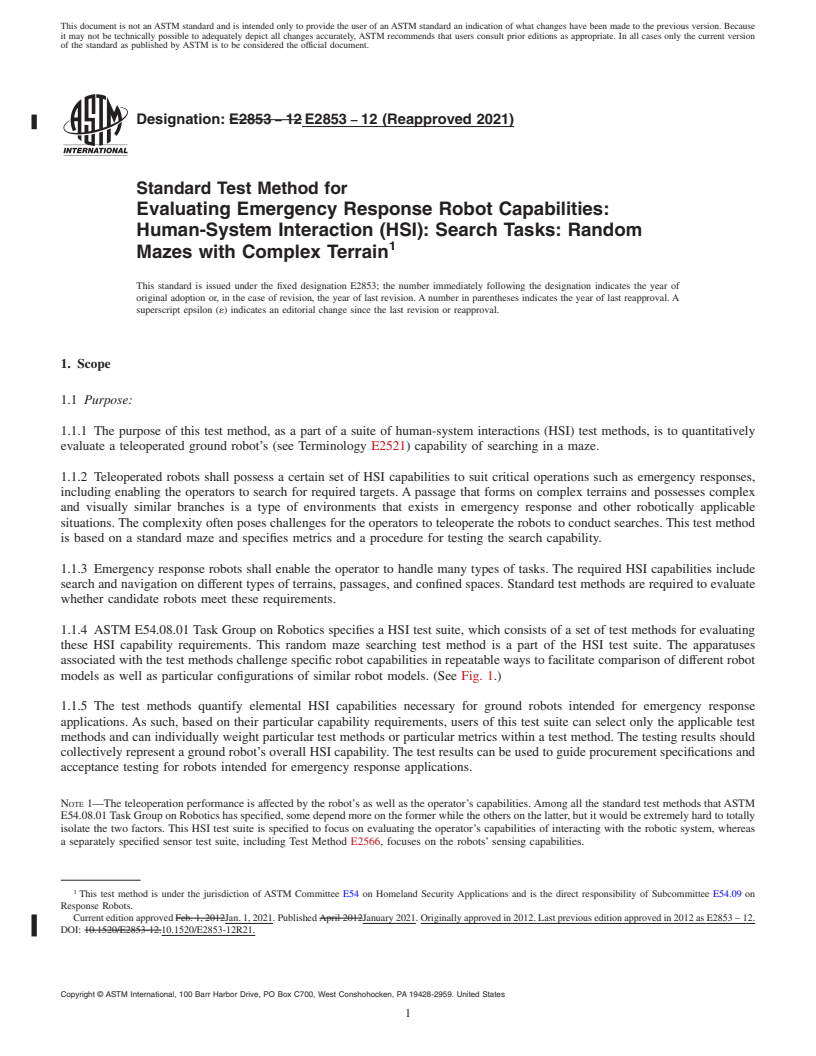 REDLINE ASTM E2853-12(2021) - Standard Test Method for  Evaluating Emergency Response Robot Capabilities: Human-System  Interaction (HSI): Search Tasks: Random Mazes with Complex Terrain