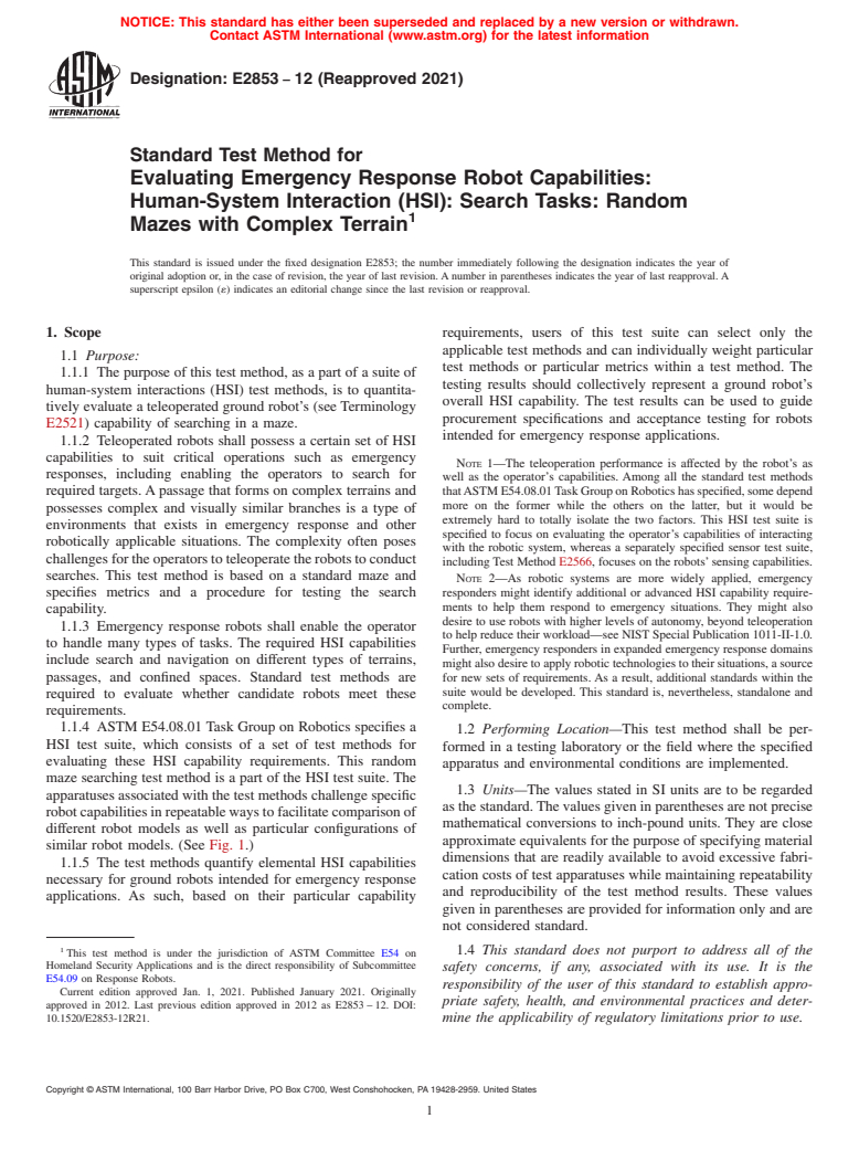 ASTM E2853-12(2021) - Standard Test Method for  Evaluating Emergency Response Robot Capabilities: Human-System  Interaction (HSI): Search Tasks: Random Mazes with Complex Terrain