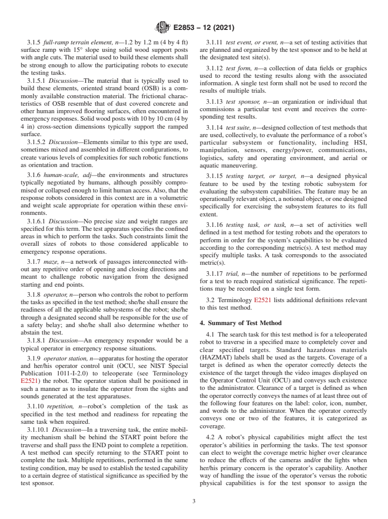 ASTM E2853-12(2021) - Standard Test Method for  Evaluating Emergency Response Robot Capabilities: Human-System  Interaction (HSI): Search Tasks: Random Mazes with Complex Terrain