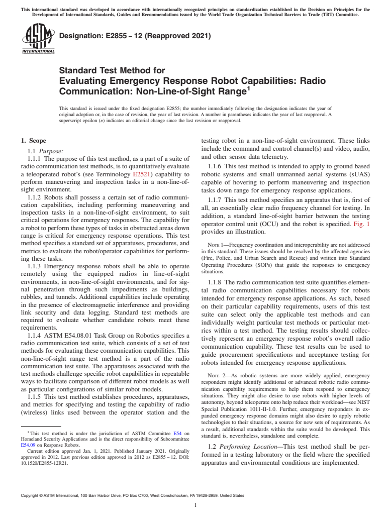 ASTM E2855-12(2021) - Standard Test Method for  Evaluating Emergency Response Robot Capabilities: Radio Communication:  Non-Line-of-Sight Range