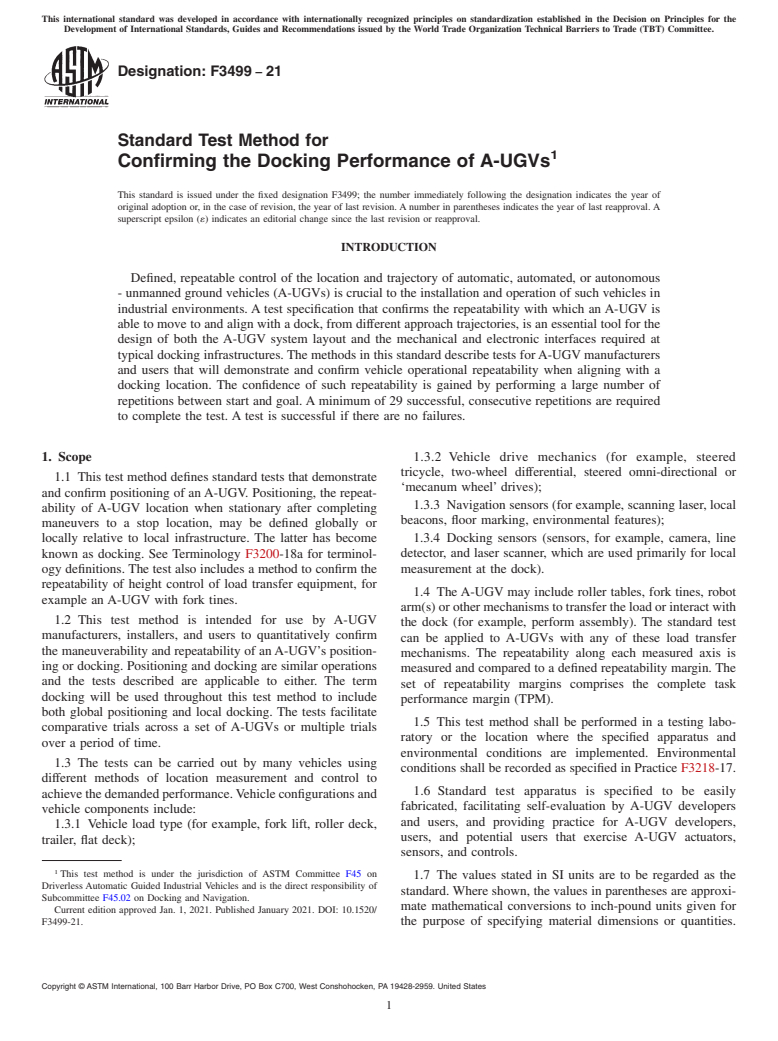 ASTM F3499-21 - Standard Test Method for Confirming the Docking Performance of A-UGVs