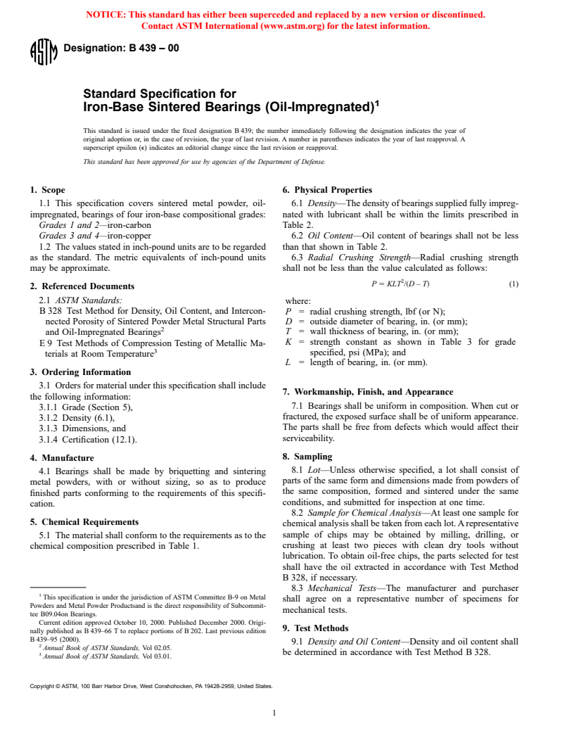 ASTM B439-00 - Standard Specification for Iron-Base Sintered Bearings (Oil-Impregnated)