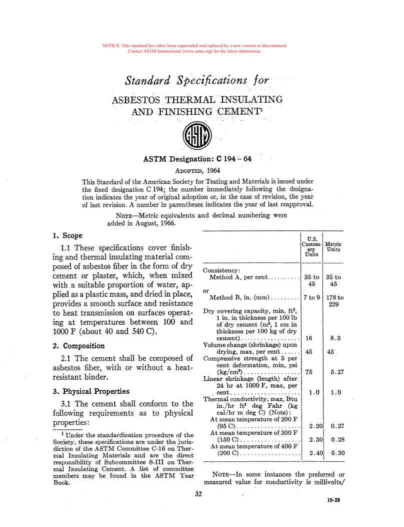 ASTM C194-64 - Specification for Asestos Thermal Insulating and Finishing Cement (Withdrawn 1975)