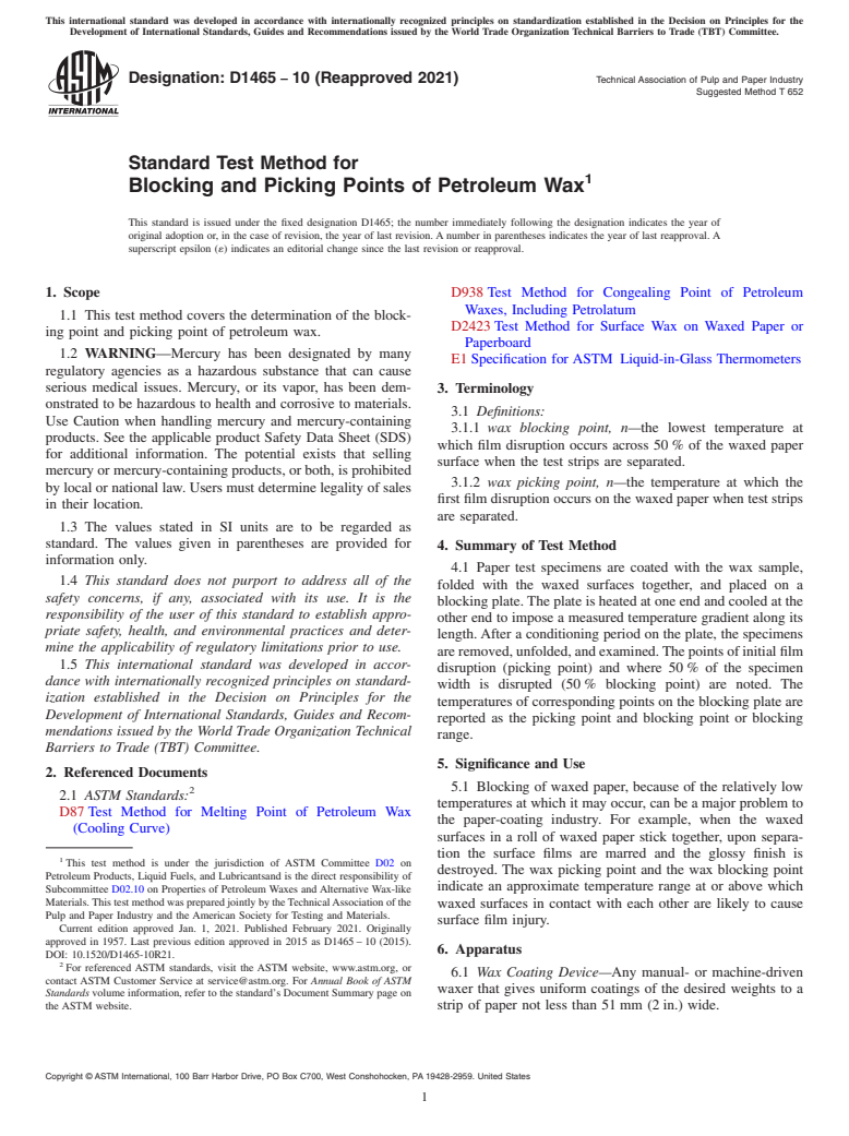 ASTM D1465-10(2021) - Standard Test Method for  Blocking and Picking Points of Petroleum Wax