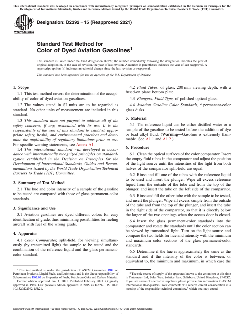 ASTM D2392-15(2021) - Standard Test Method for  Color of Dyed Aviation Gasolines