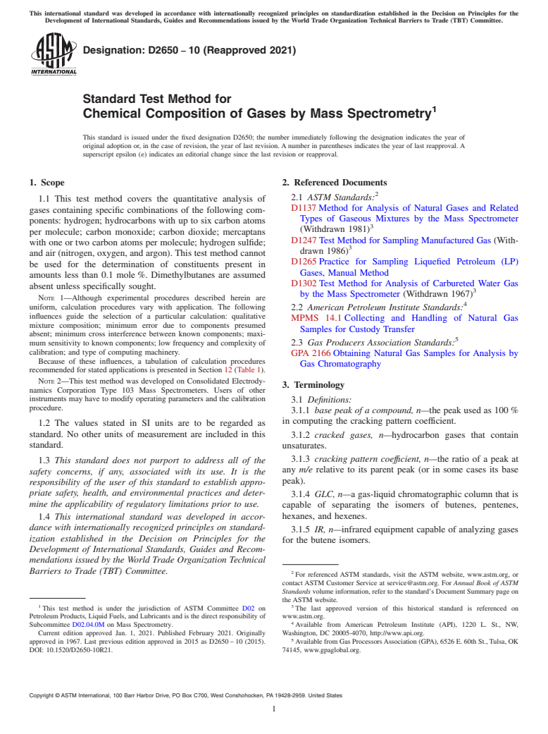 ASTM D2650-10(2021) - Standard Test Method for Chemical Composition of Gases by Mass Spectrometry