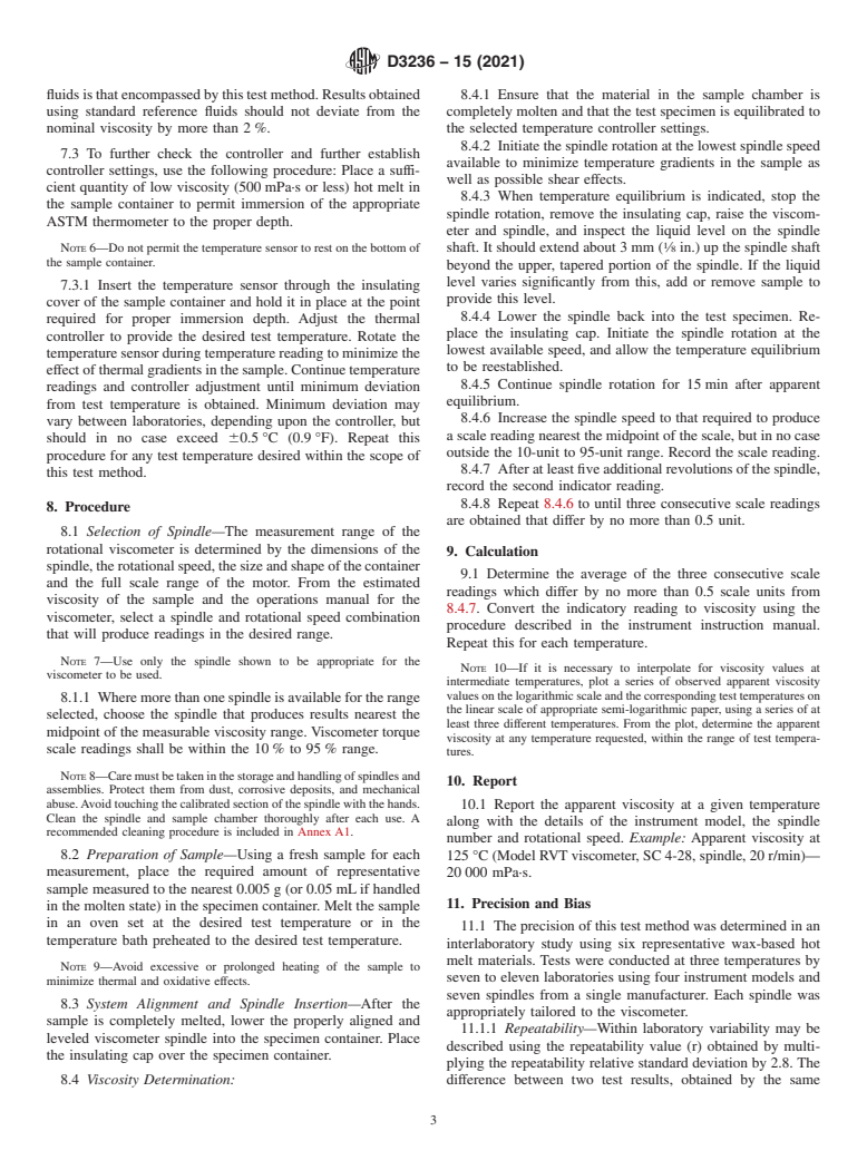 ASTM D3236-15(2021) - Standard Test Method for  Apparent Viscosity of Hot Melt Adhesives and Coating Materials