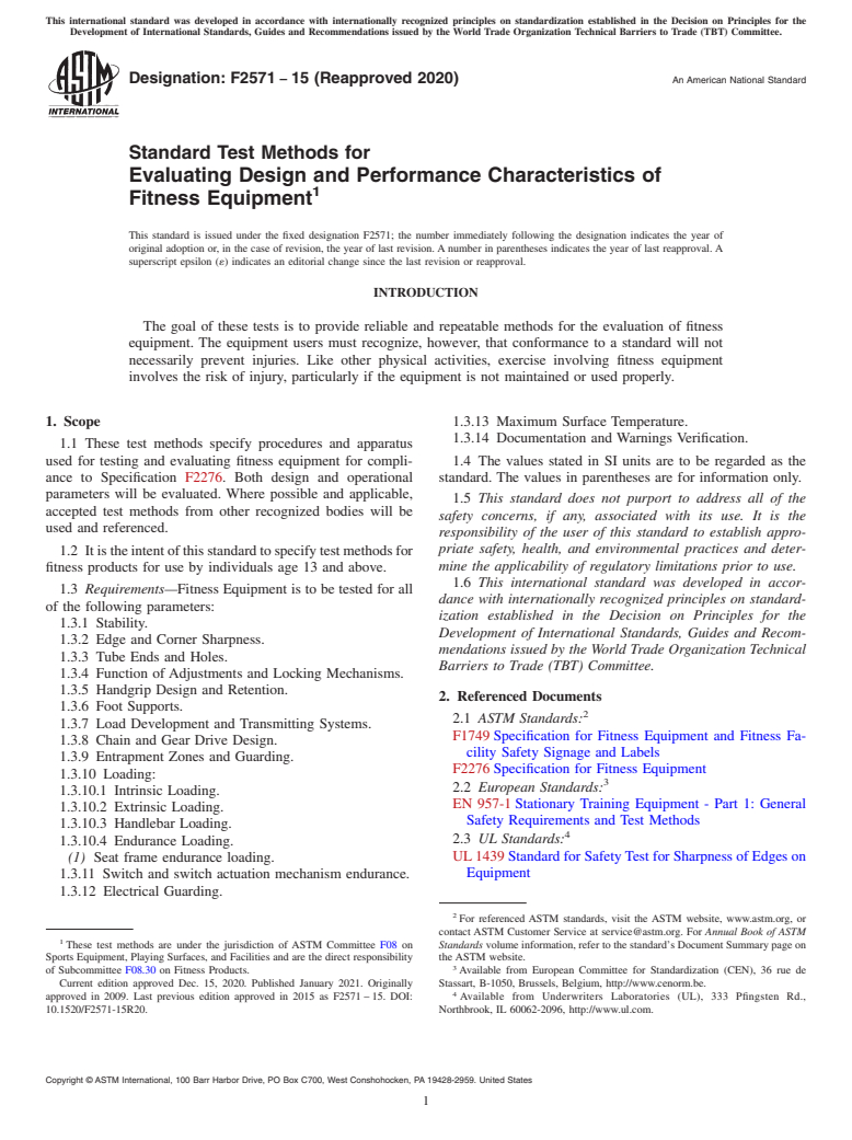 ASTM F2571-15(2020) - Standard Test Methods for Evaluating Design and Performance Characteristics of Fitness  Equipment